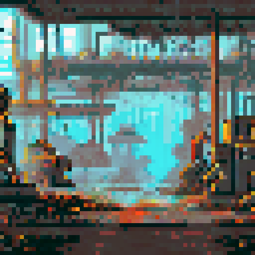 run-down, apocalyptic atmosphere, pixel art, inside of a Futuristic robot factory, background