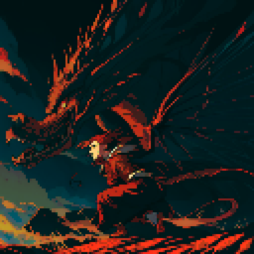 red dragon, fiery scales, sharp claws, fierce expression, towering presence, detailed pixel art, vibrant colors, textured scales, intricate patterns, glowing eyes, majestic wings, powerful tail, smoke billowing from nostrils