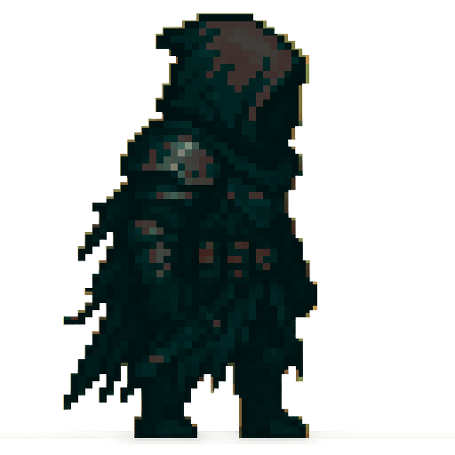 Prompt for creating 2D RPG hero sprites:

Character type:

A man in dark, heavy, hooded armor.

The image of a hidden hero, reminiscent of an assassin or a grim warrior.

Clothing and armor:

Hood concealing the face (no distinct features).

Dark armor with metal plates on the shoulders and arms.

A belt with several pouches or knives, possibly a dagger or short sword, hangs from the waist.

Twisted or torn fabric on the shoulders and hem, giving a mystical appearance.

Positions:

Side (profile
