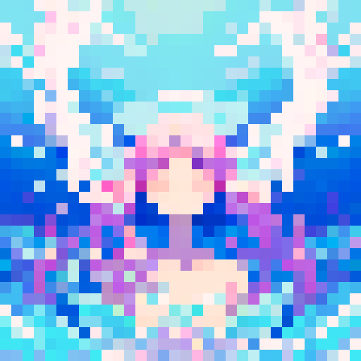Beautiful ethereal angel with chrome wings, flowing hair, and a serene expression, floating in a dreamlike landscape of pastel clouds and shimmering stars, rendered in pixel art with crisp, defined lines and a vibrant sRGB color palette