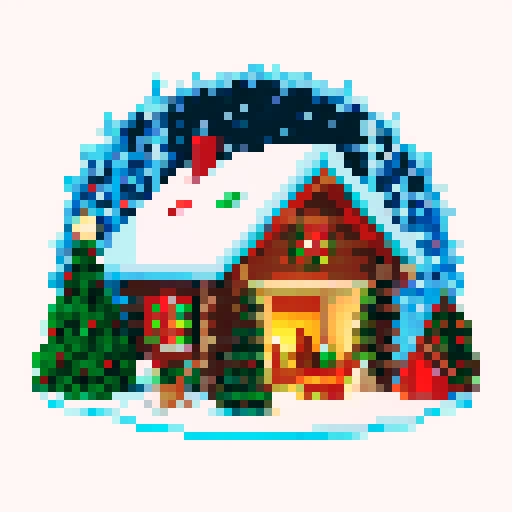 christmas malamute, snowy landscape, cozy log cabin, twinkling fairy lights, pixelated snowflakes, vibrant red and green ornaments, sRGB color palette