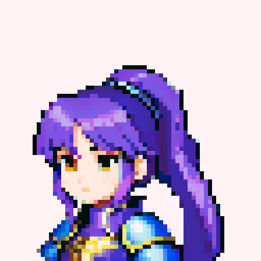 Fire emblem character, intricate armor details, 32x32 pixel art, sRGB, game icon, skill art, close up, portrait, teenage princess, blue ponytail, purple armor, 8 bit, clear outline of character and focused detail in the face