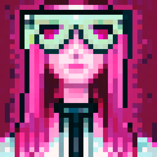 woman, long pink hair, white and pink japanese school uniform, black mask, black framed glasses, game icon, 32x32 pixel art, sRGB, skill art, close up, portrait