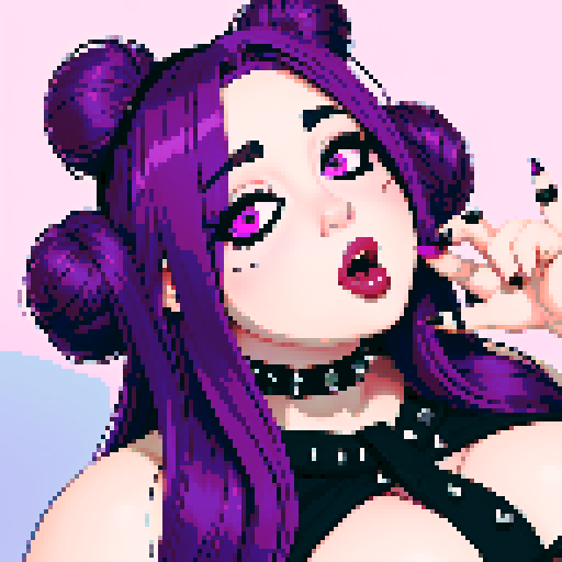 Nude portrait of thicc, curvy, and busty goth babe with studded collar, ahegao face, long purple hair in buns, fishnet stockings, halter top, sRGB color