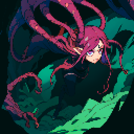 eldritch being, tentacles writhing, full body floating, brain pulsating, many eyes staring, eyeballs bulging, sRGB pixel art