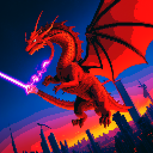 A rock guitarist riding a dragon, flying through a fiery sky above a futuristic city, brandishing his guitar like a sword