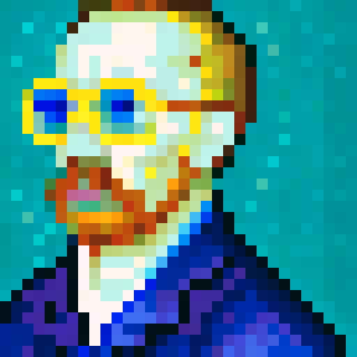 Vincent Van Gogh, king of cryptocurrency, close-up, pixel art portrait capturing his gold Gucci glasses, crown, and Gucci apparel in 32x32 resolution with a skill art style, reminiscent of a game icon