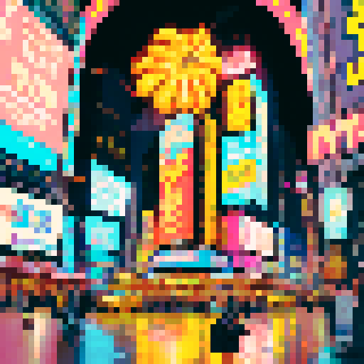 New York City skyline, towering skyscrapers, vibrant colors, retro aesthetics, bustling crowds, neon lights, graffiti-covered walls, vintage cars, steam rising from manhole covers, rain-soaked streets, reflections in puddles, subway trains, Central Park in autumn, hot dog stands, street performers, fire escapes, Brooklyn Bridge at sunset, art deco architecture, steam rising from subway grates, yellow taxis, Times Square, pixel art, sRGB