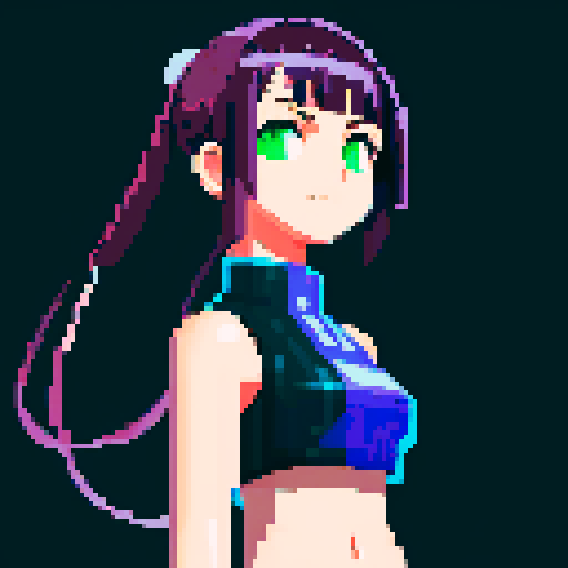 cyberpunk anime girl, floating above a glowing gene bottle filled with swirling strands of DNA, rendered in pixel art