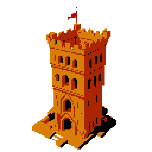 2d Red clay tower in an ancient english style. Old and crumbling but still upright. Usable as an asset (clear, thick lines and a white background). Put a black stroke around the composition