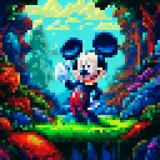 pixelated, Mickey Mouse, waist up, purple hoodie, green gloves, smoking a joint, sRGB, pixel art, background, landscape