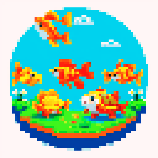 A goldfish, a turtle, a cat and a dog standing together as a family. 