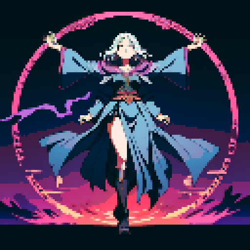 full-body image, sorceress facing right, sorceress ready to fight, evil sorceress, floating, arms out, magic circles, magic power, spell, evil sorceress, evil witch, magic symbols, sRGB, pixel art
