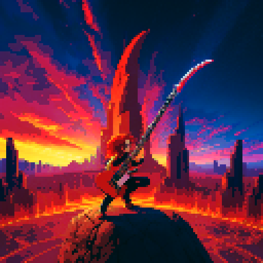 rock guitarist, dragon rider, fiery sky, futuristic city, guitar sword, pixel art, sRGB