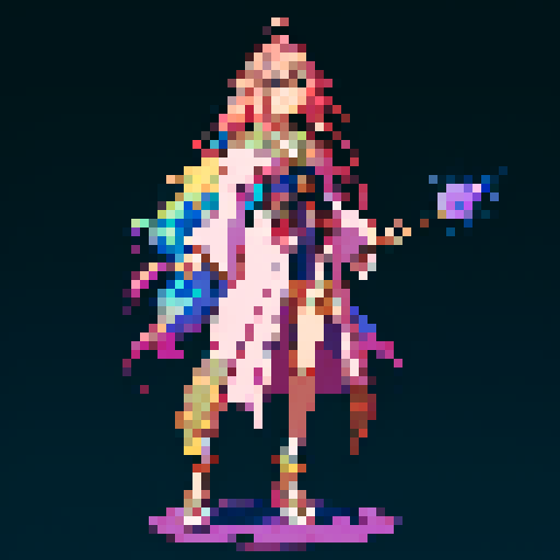 legendary anime girl wizard, long flowing hair, vibrant and dynamic colors, glowing magical staff, intricate and ornate robes, intense and focused expression looking to the right, not wearing shoes, sparkling and shimmering background, detailed and precise pixel art
