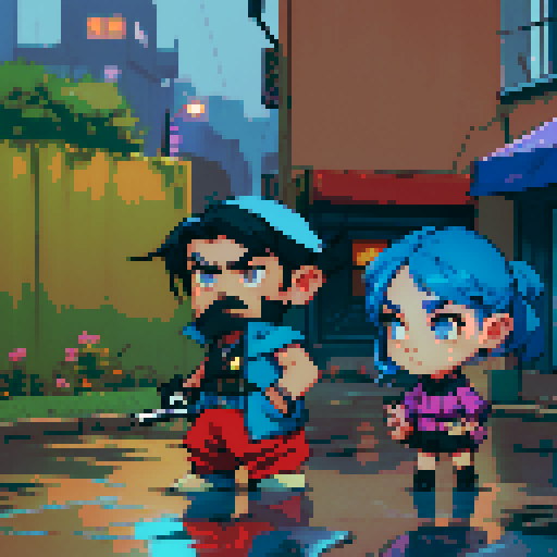 blue haired 90s pop girl on the right is smoking a cigarette, and the man on the left with black hair is holding a gun, night time rainy oldtime villag, grim