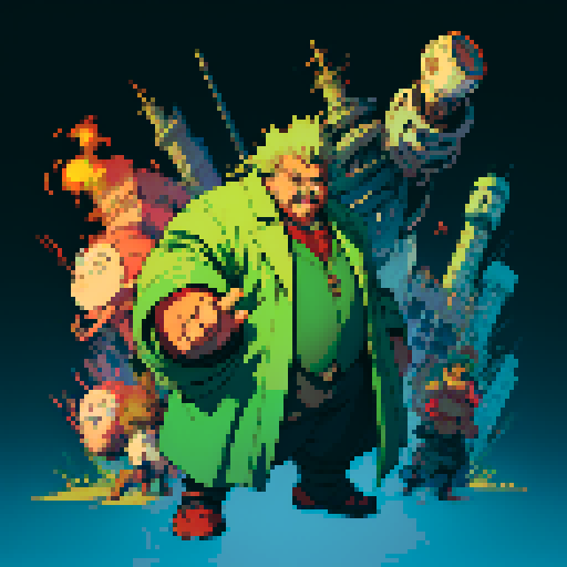 fat mad scientist, full-body image, facing right, ready to fight, big robot