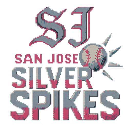 Pixel art of a fictional baseball team called the San Jose Silver Spikes.  Gothic Lettering SJ for the logo. dark gray, pink, and gray, sharp outlines, and soft pixel shading. The logo design mimics 80s MLB logos. Use a vibrant Sega Genesis 16-bit style with selective dithering, geometric forms, and nostalgic retro charm. Avoid modern gradients—keep it pure pixel art.