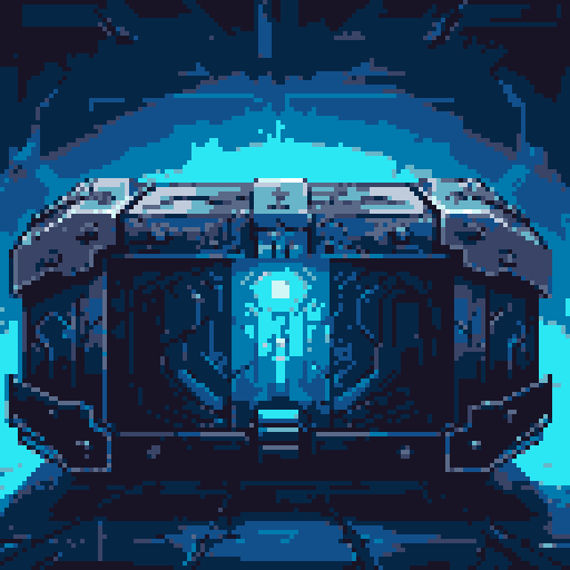 mystery box, stone, metall, shiny, pixel art, sRGB, vibrant colors, glowing lights, intricate patterns
