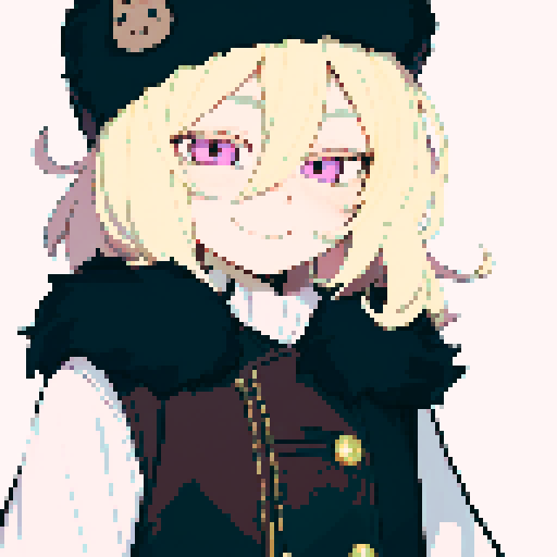 Solo male with perfect anatomy, straight-on, inframe, facing viewer, with round pupils, light blonde hair between eyes, wearing an ushanka hat with a black fur collar, a black vest, puffy sleeves, and black elbow gloves, his light pink eyes looking at the viewer, smile, in a pixel art style with sRGB colors, half closed eyes, best quality, stylised chibi,