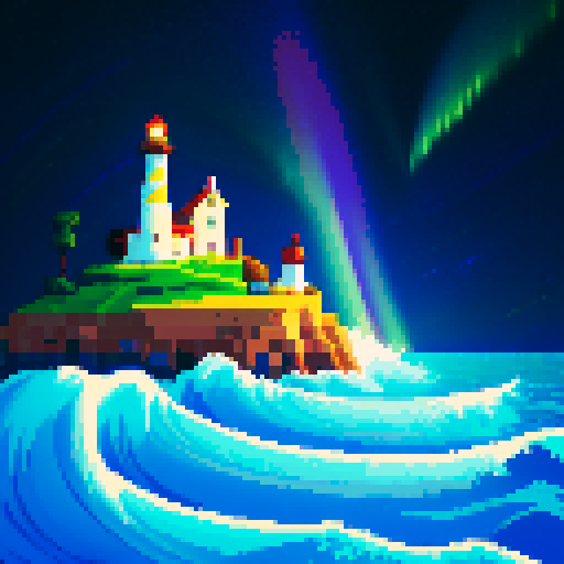 lighthouse, sea, aurora, vibrant colors, pixelated waves, glowing beams, twinkling stars, retro video game aesthetic, sRGB
