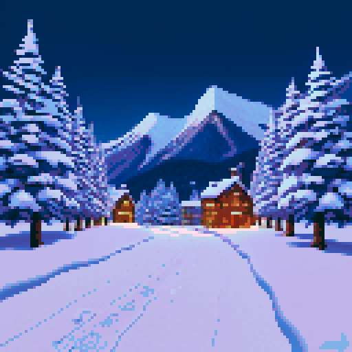 generate a large winter environment with snowcapped trees and mountains. there is a path leading to a small village with dim lights and smoke coming from the chimneys.