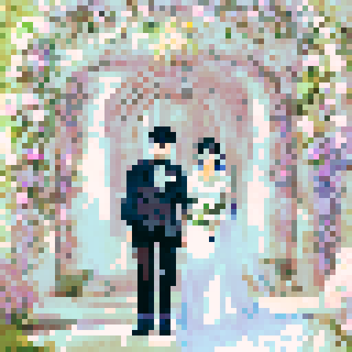 bride with fair skin, black hair, and tall stature, groom with ethnic features, under white cloth chuppah, at Jewish wedding, against black background, flat color pixel art, sRGB emphasized, landscape portrait
