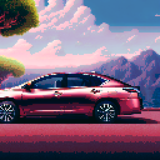Photorealistic whole Nissan Sylphy, three-quarter view, right front wheel, clean background, sRGB colors, pixel art style
