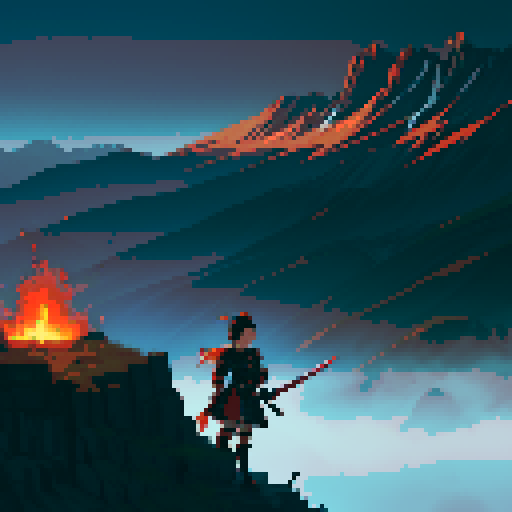 Samurai with blood dipping from sword, tired from the battles on an epic scenery.