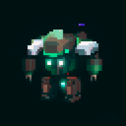 humanoid combat drone, sleek and metallic, glowing LED eyes, angular limbs, pixelated retro style