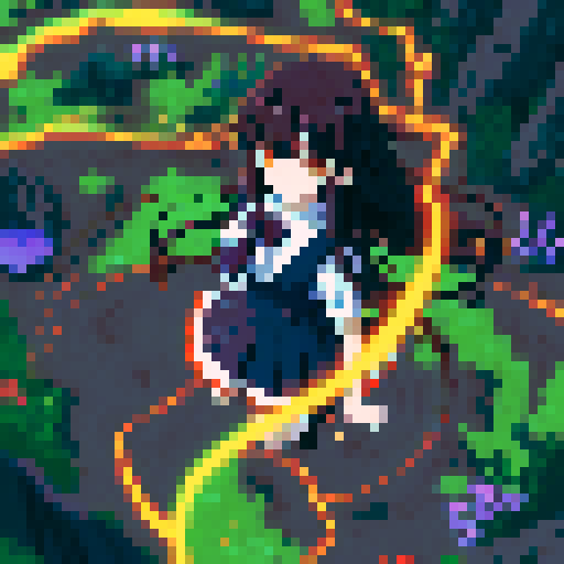 anime girl with long, glowing eyes, flowing hair, dark colors, hovering above the ground in a revealing school uniform, with a 16 bit style that pops against the sRGB color palette
