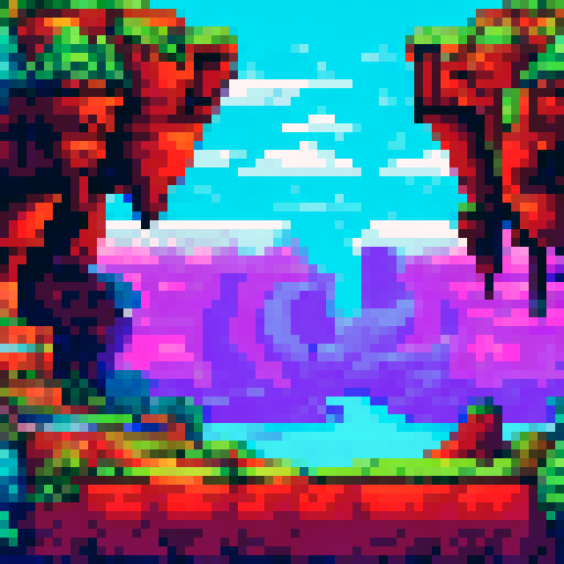 Canyon cliff, vibrant colors, jagged edges, sharp rocks, towering height, deep crevices, pixel art, background, landscape