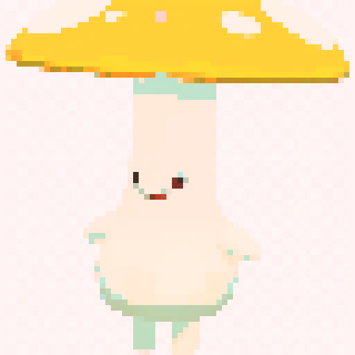 cute pink mushroom, pixel art, sRGB, vibrant colors, tiny white dots, whimsical details, textured surface, glowing spots, soft edges, playful expression