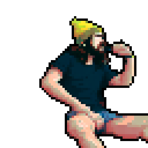 crazy long brown hair, cool guy thinking in his chair, pixel art, sRGB, small room landscape, yellow beanie hat, scratching his chin, pixelated backdrop, vibrant colors