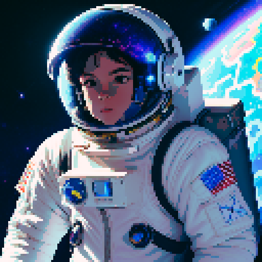 androgynous astronaut, vibrant spacesuit, floating gracefully, starry backdrop, nebula hues, pixelated stars, determined gaze, reflective clear visor, visible face, cosmic energy, self-discovery in space, sRGB, pixel art