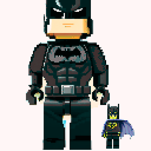 batman, lego, pixel art, sRGB, vibrant colors, blocky details, 8-bit style, dynamic pose, cape flowing, Gotham city backdrop, iconic bat symbol, dark and brooding, square pixels, retro video game aesthetic