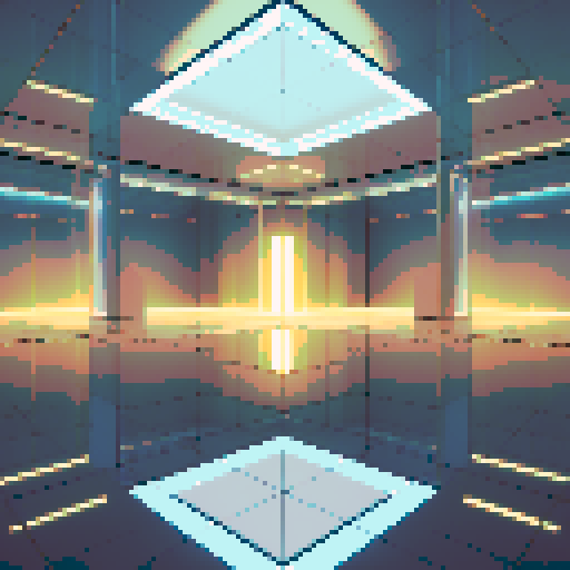 A reflective mirror room designed as a battleground, with a mirrored floor dominating the foreground, angled slightly upward to create depth. The bottom-left corner is clear and open for a player's perspective, while the middle-right showcases mirrored walls framed by glowing light strips and subtle geometric structures. Reflections are balanced to enhance depth while maintaining a contained, surreal aesthetic. A soft ambient glow fills the room, creating a disorienting yet clear environment for