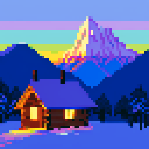 cabin subject, lights are on, eastern mountains in background, sunset