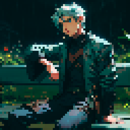 Sci-fi male gunslinger sitting on a bench waiting for the rain to stop