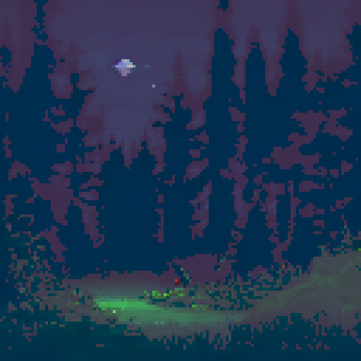 dark, moonlit forest, towering trees, glowing eyes, misty path, eerie shadows, pixelated leaves, ethereal glow, twisted branches, starry sky, mysterious figures, silhouettes, haunting atmosphere