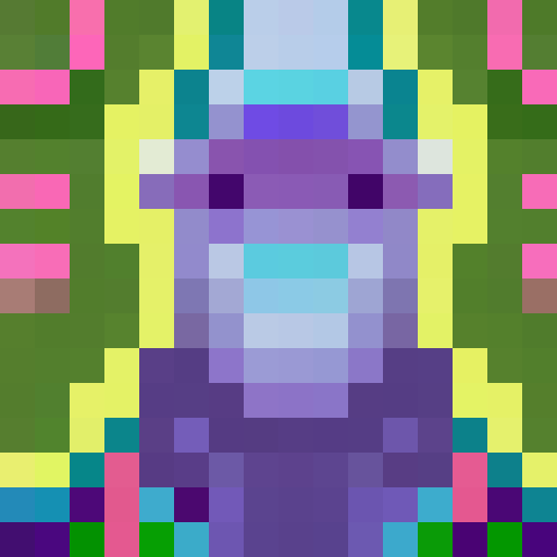 Opal gemstone with iridescent mix of blues, greens, pinks, and purples, showcasing a rounded or irregular shape reflecting its natural form, featuring a gradient of shifting colors across its surface to capture the play-of-color effect, minimal faceting to maintain a smooth, fluid appearance, with a close-up, portrait-style depiction in pixel art, designed as a visually dynamic and unique game icon in a 16x16 size