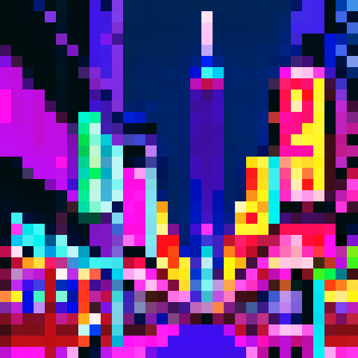 City lights glowing, towering skyscrapers, bustling streets filled with pixelated pedestrians, vibrant graffiti adorning walls, a neon-lit arcade with retro games, sRGB color palette creating a vibrant and lively atmosphere