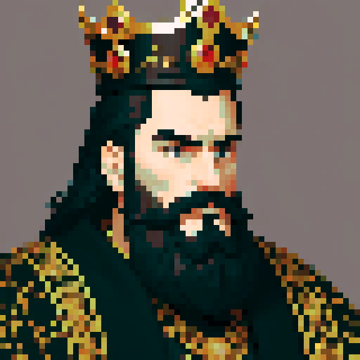 king, regal, black metall crown, black crown, majestic, stoic expression, sharp features, detailed beard, silver accents, royal robe, intricate embroidery, game icon, 32x32 pixel art, sRGB, skill art, close up, portrait