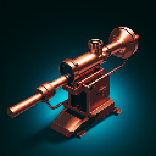 I want a copper rotary machine gun viewed from from the side. I want this object usable an asset in a videogame, meaning only one object per image, outlined with a strong black stroke, on a solid-color background.