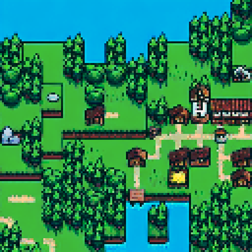 tall vibrant trees, whimsical mushrooms, cozy houses, colorful flowers, pixelated landscapes, enchanting atmosphere, immersive world, nostalgic art style, charming scenery, intricate designs, lively flora and fauna, landscape portrait
