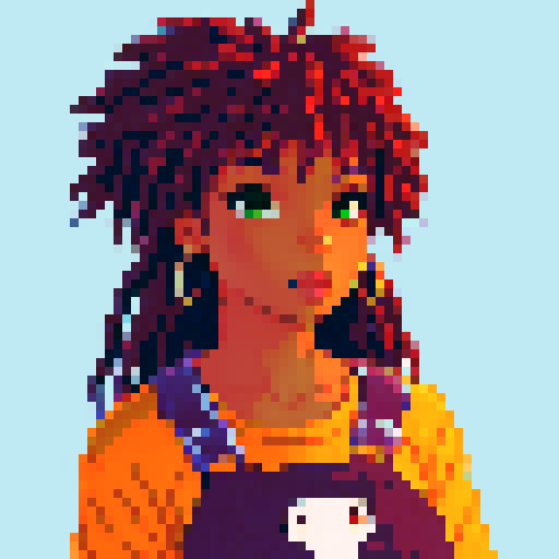 portrait, sprite art, eccentric young woman, african american, casual, cozy