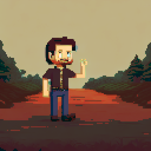 human in brown pants with belt, green shirt, non-realistic