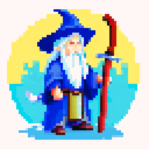 Wizard, pointy hat, sword and staff, long robe, think Gandalf