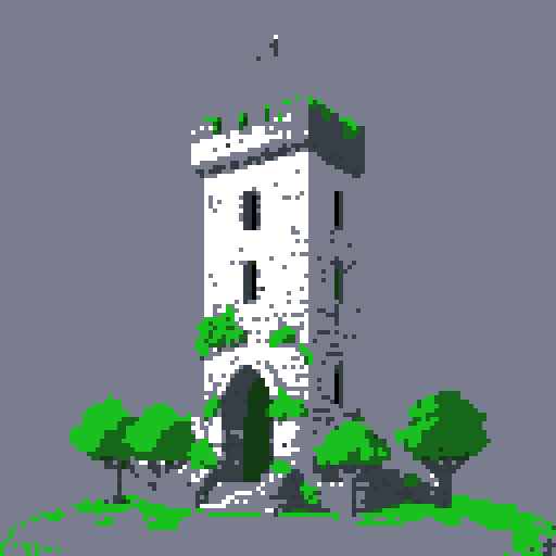 2d grey stone tower in an ancient english style. Old and crumbling but still upright. Green vines crisscross it. Usable as an asset (clear, thick lines and a white background). Put a black stroke around the composition