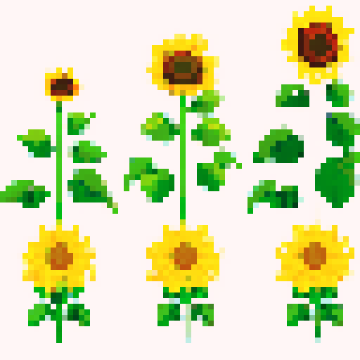 sunflower, vibrant yellow petals, simple pixel art, sRGB color palette, delicate green leaves, transparent background 4 stages of growth